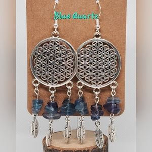 Feather earrings, sterling silver hooks,  gemstone and crystal accents